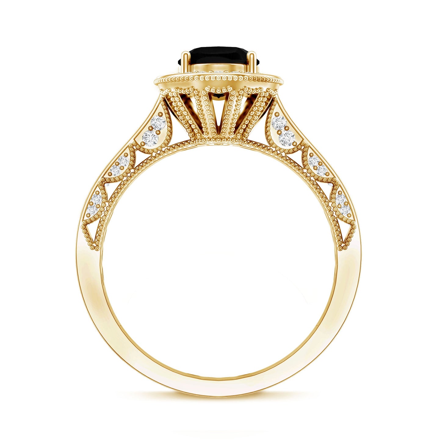 Vintage Inspired Black Onyx Oval Engagement Ring with Diamond Halo