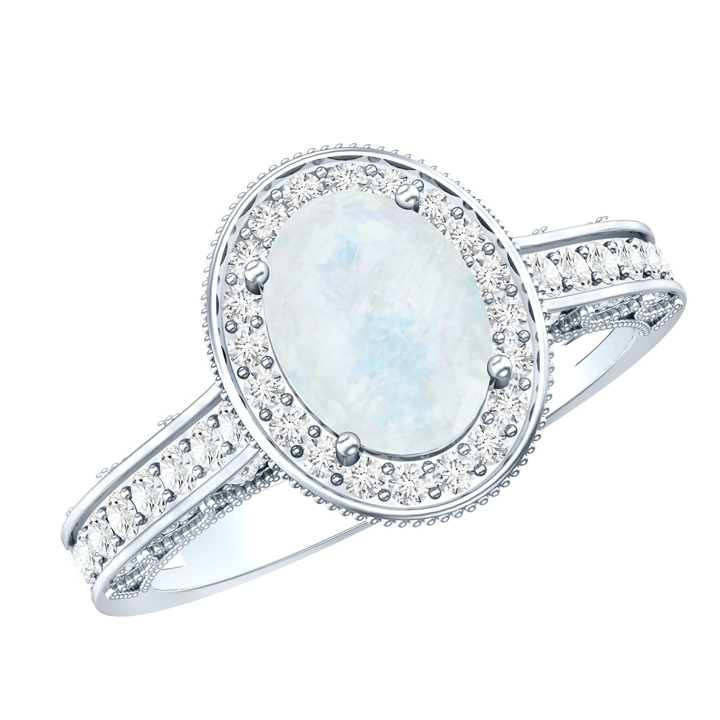0.6 Carat Moonstone and Diamond Engagement Ring with Milgrain Details