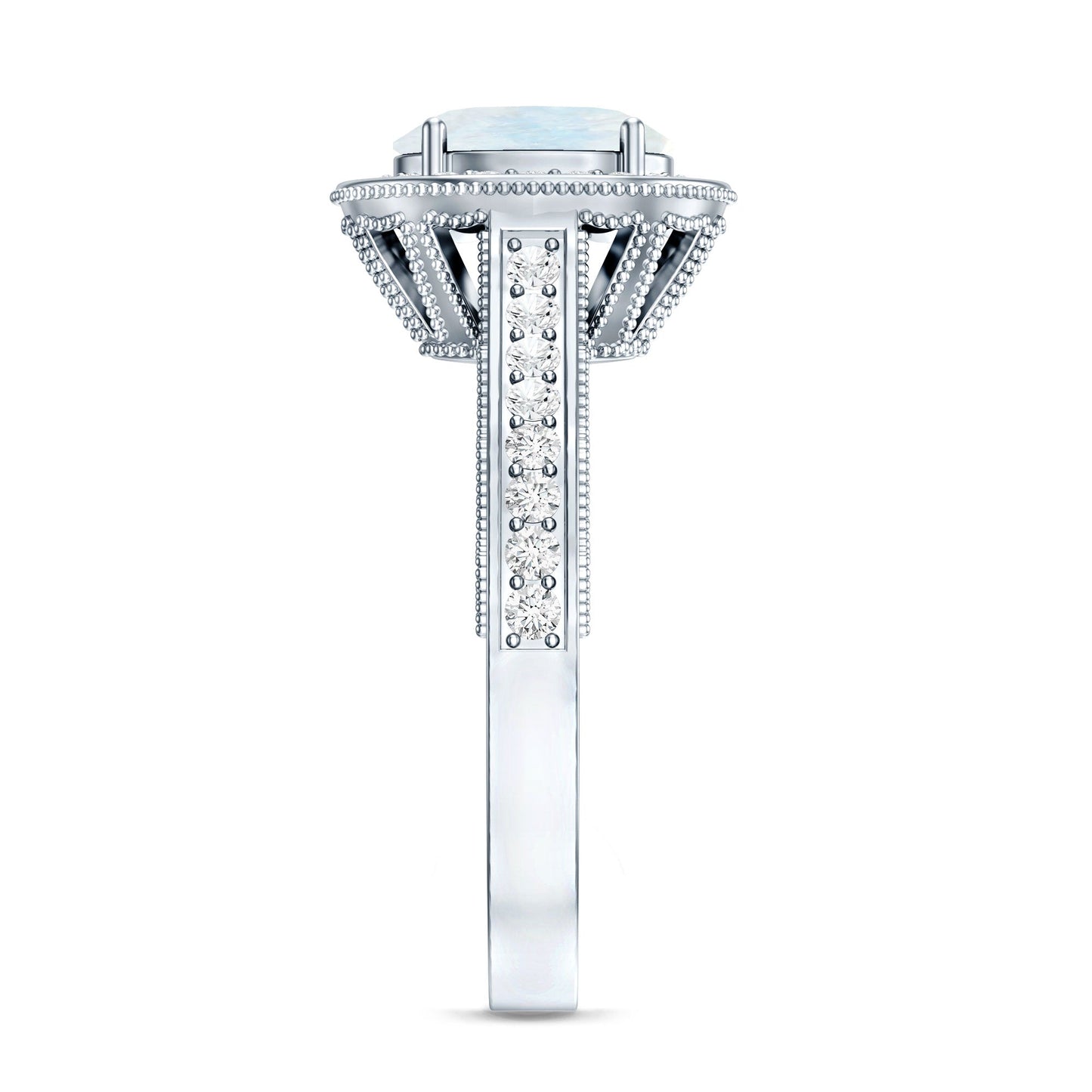 0.6 Carat Moonstone and Diamond Engagement Ring with Milgrain Details