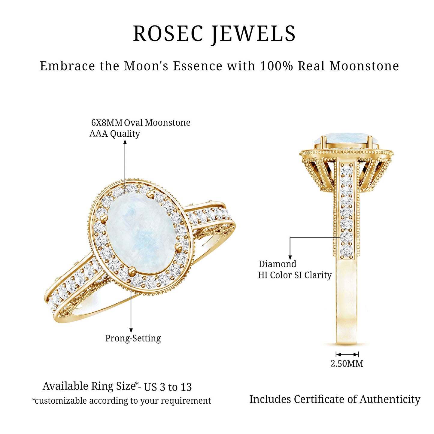 0.6 Carat Moonstone and Diamond Engagement Ring with Milgrain Details