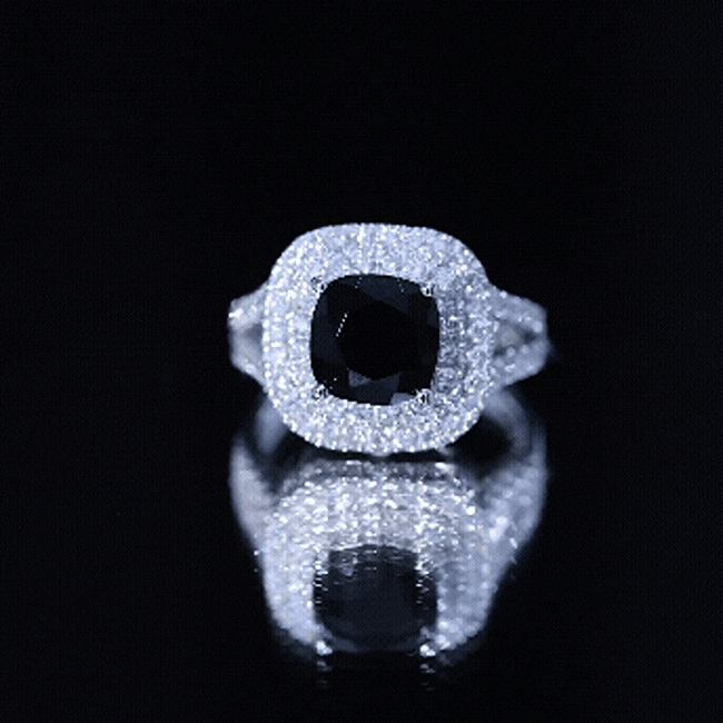 Vintage Style Cushion Cut Black Onyx and Diamond Double Halo Engagement Ring