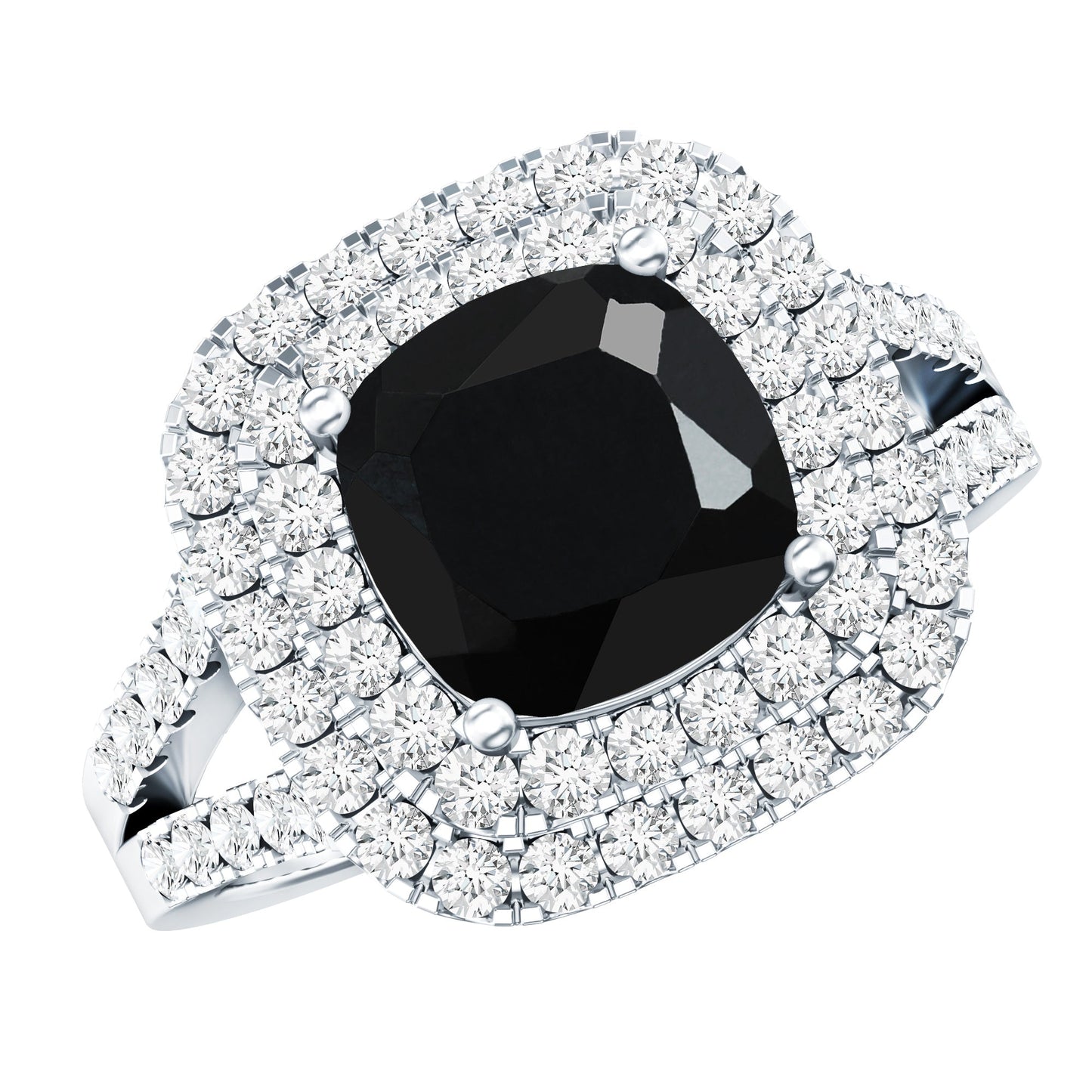 Vintage Style Cushion Cut Black Onyx and Diamond Double Halo Engagement Ring