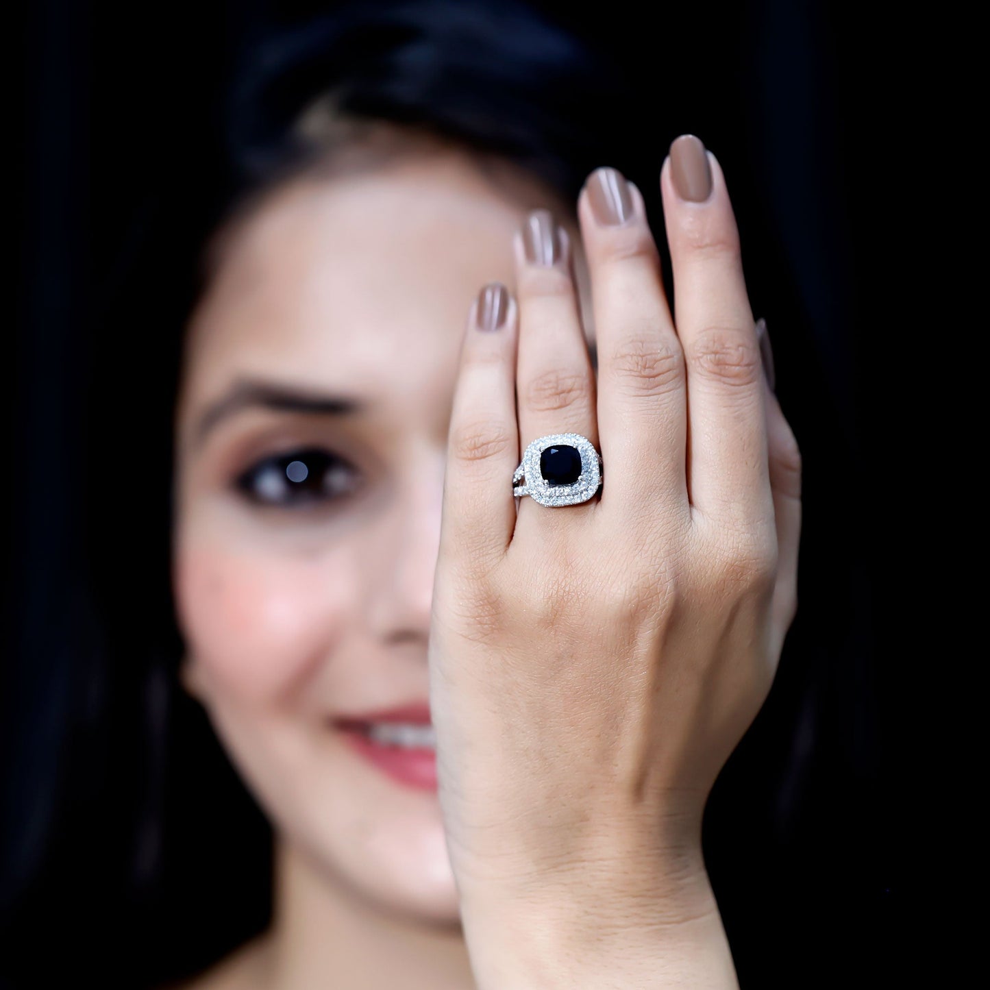 Vintage Style Cushion Cut Black Onyx and Diamond Double Halo Engagement Ring