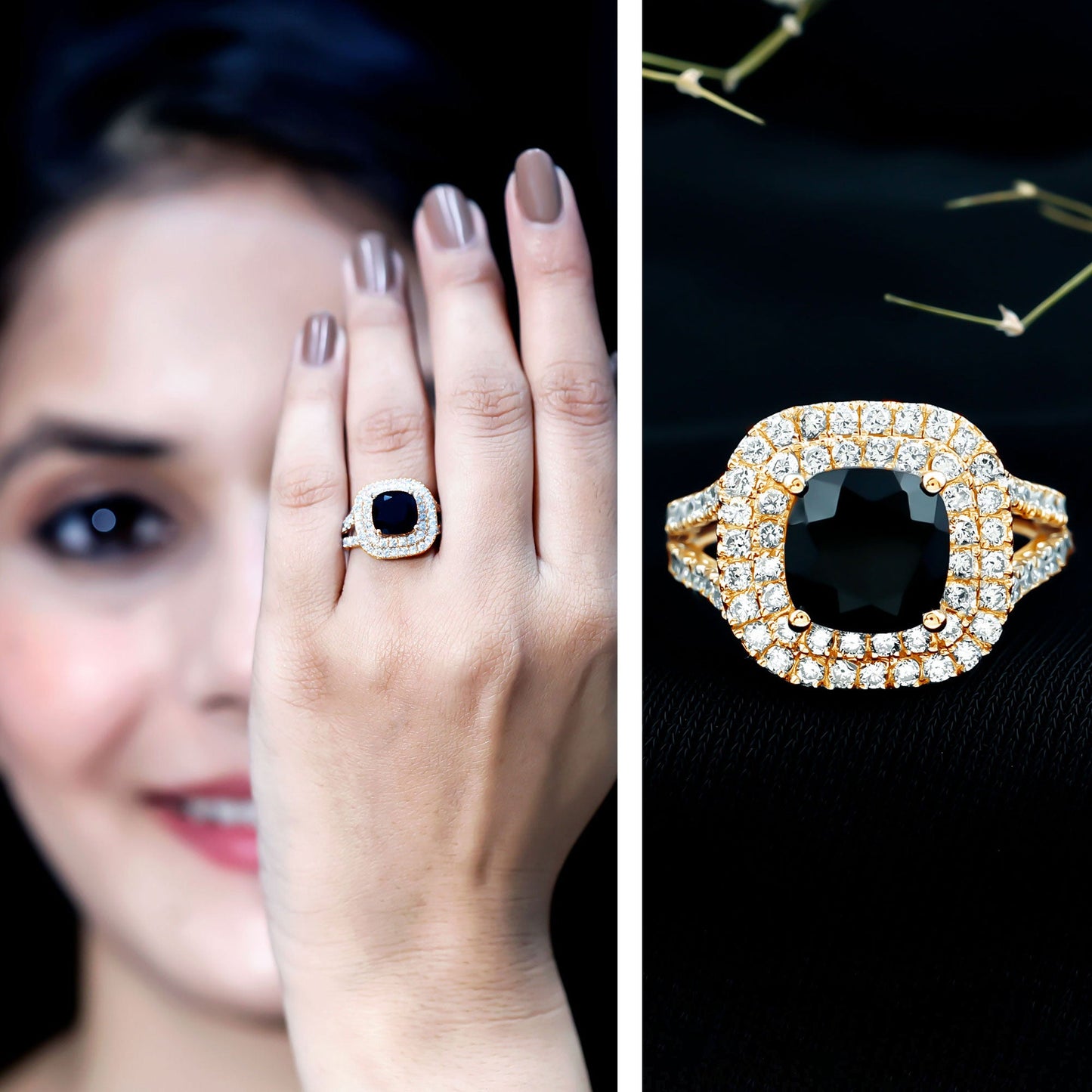 Vintage Style Cushion Cut Black Onyx and Diamond Double Halo Engagement Ring
