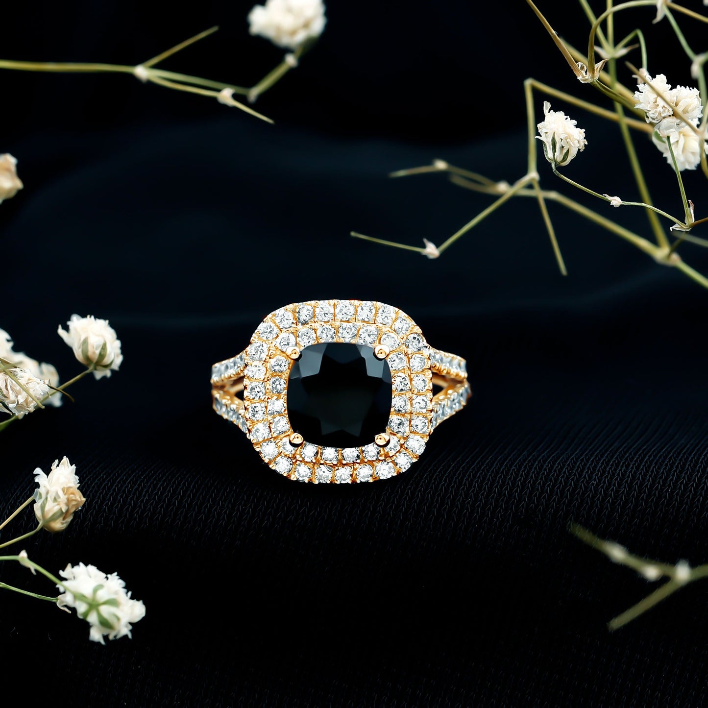 Vintage Style Cushion Cut Black Onyx and Diamond Double Halo Engagement Ring