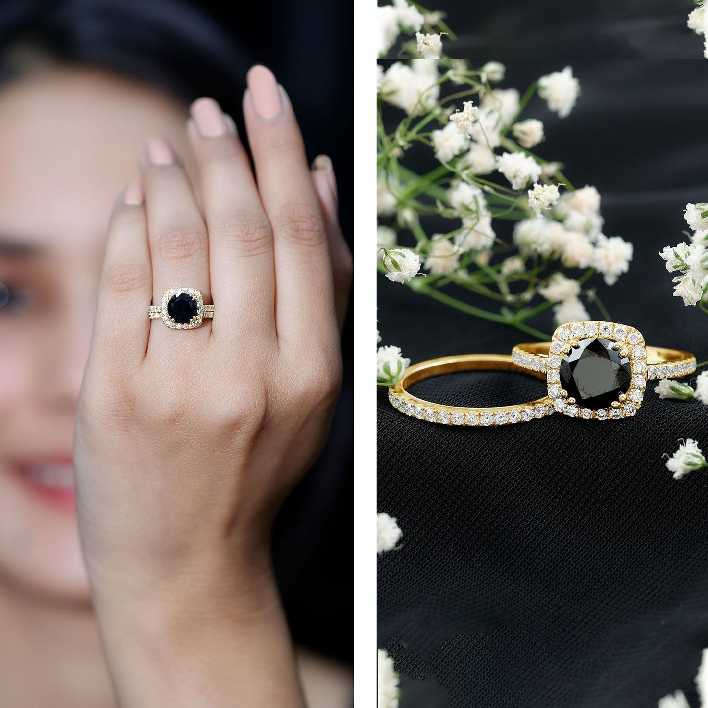 Certified 2 Carat Lab Grown Black Diamond Halo Engagement Ring with Wedding Band