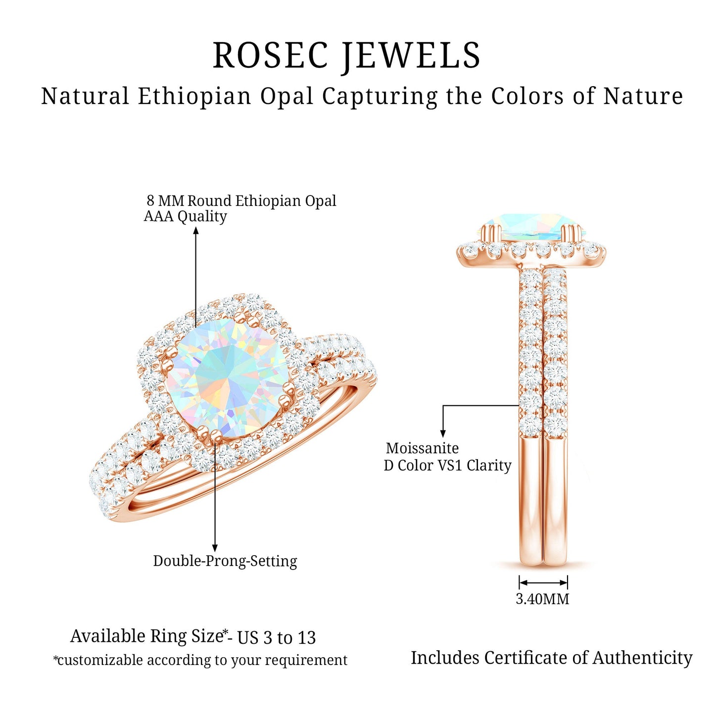 Real Ethiopian Opal Engagement Ring with Moissanite Wedding Band