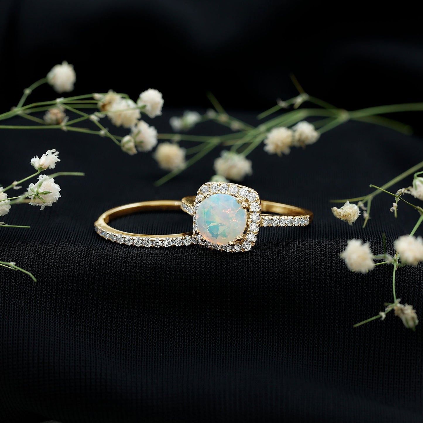 Real Ethiopian Opal Engagement Ring with Moissanite Wedding Band