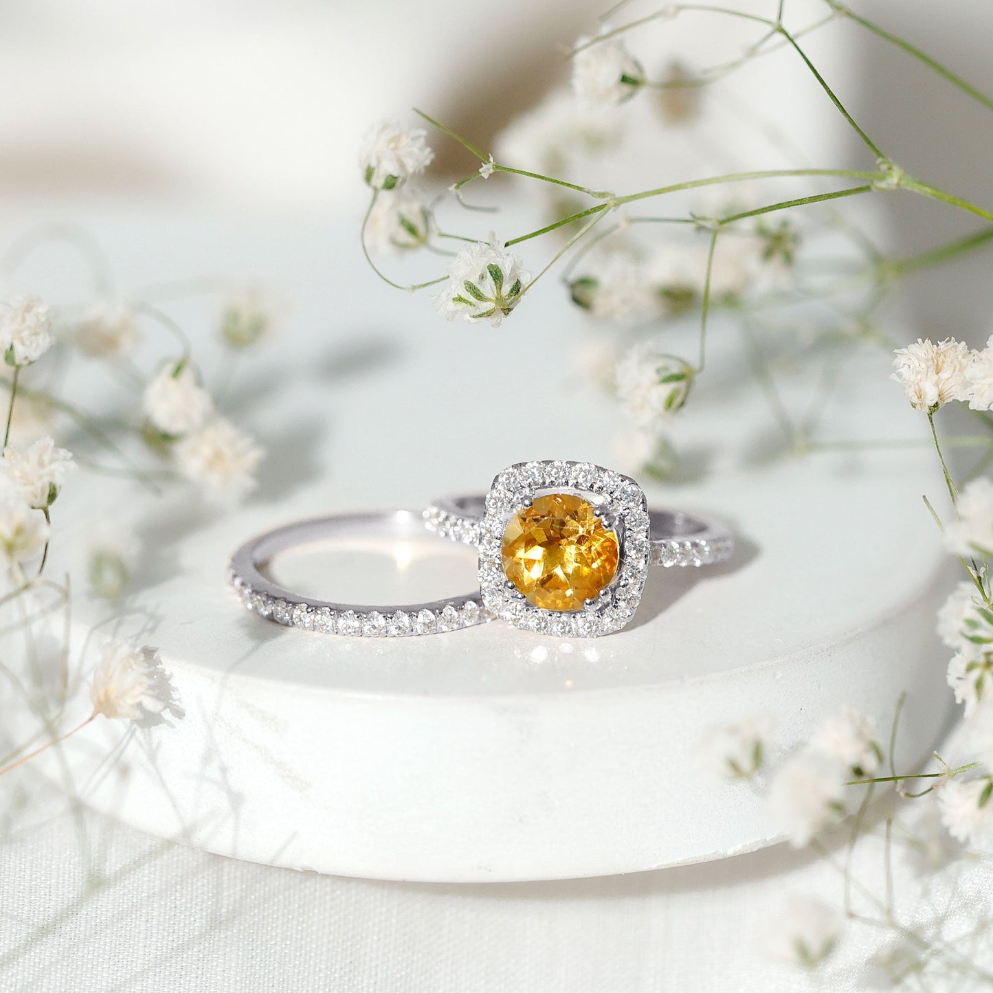 1.2 Carat Citrine Halo Wedding Ring Set with Moissanite