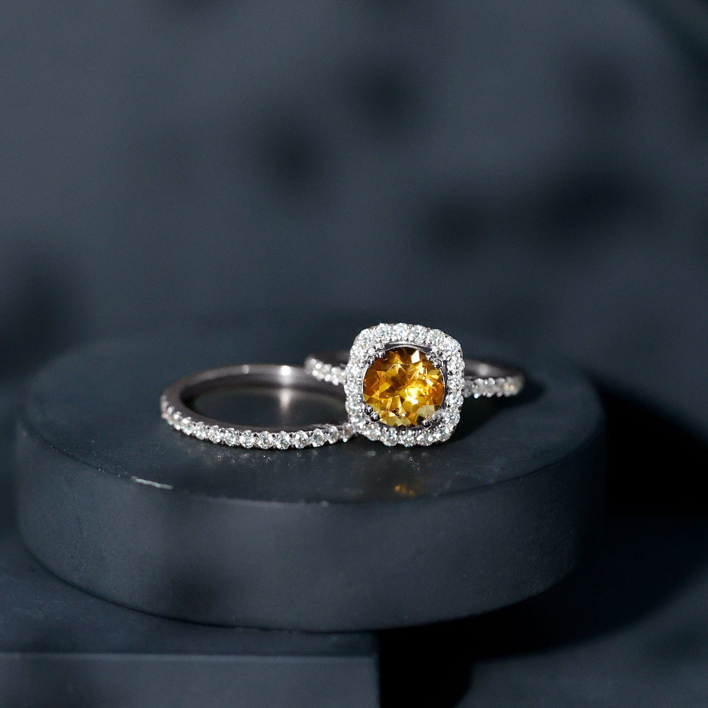 1.2 Carat Citrine Halo Wedding Ring Set with Moissanite