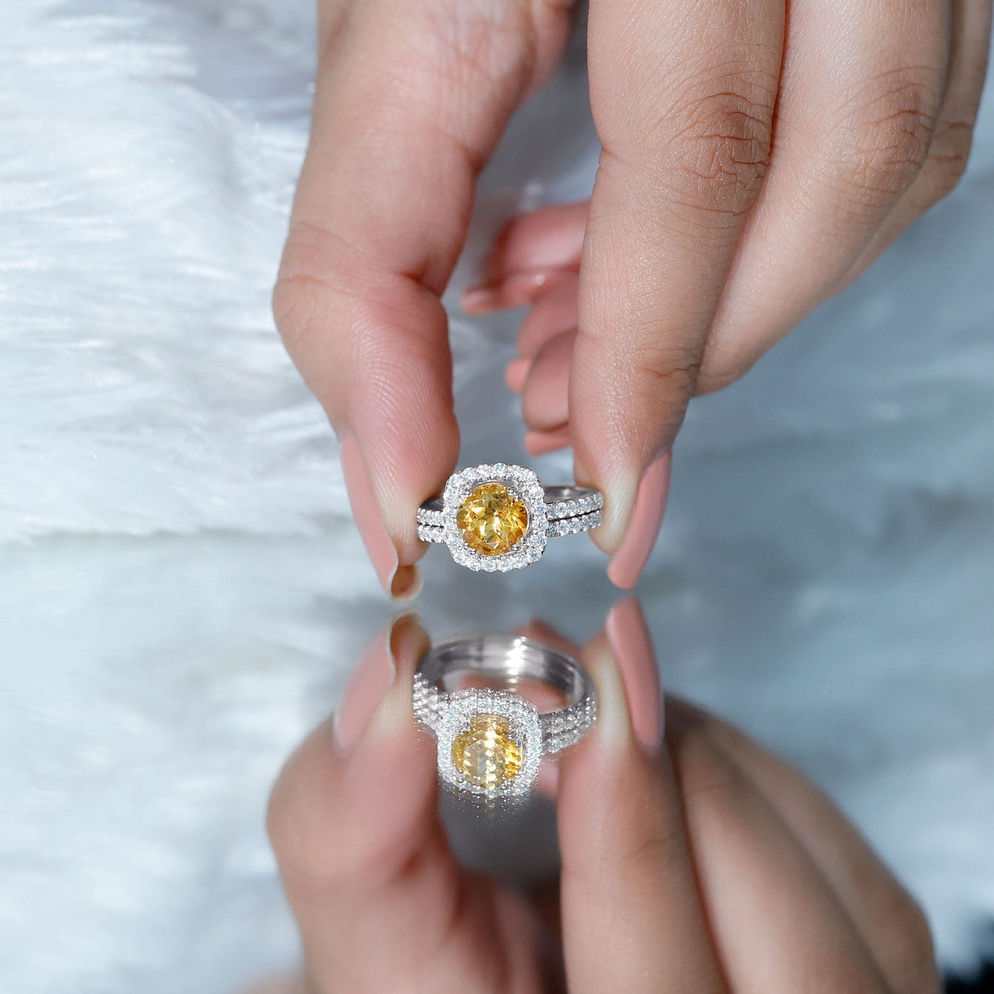 1.2 Carat Citrine Halo Wedding Ring Set with Moissanite