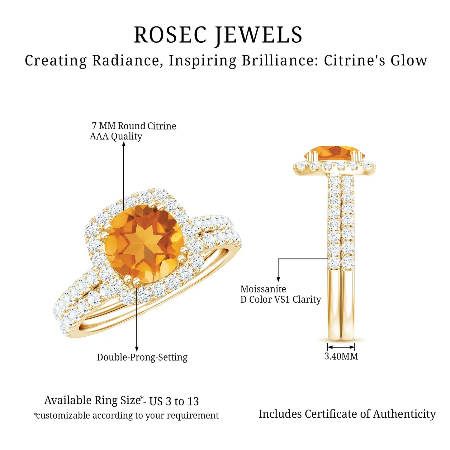 1.2 Carat Citrine Halo Wedding Ring Set with Moissanite