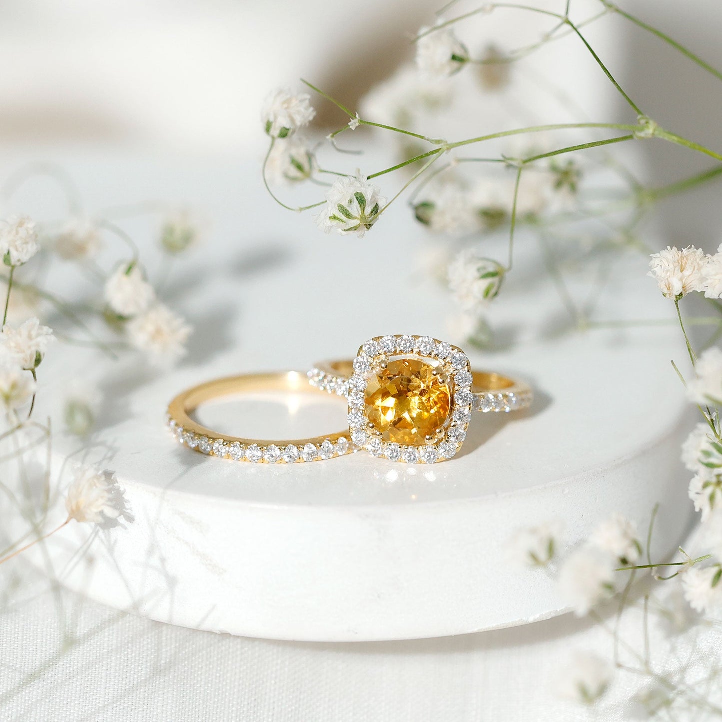 1.2 Carat Citrine Halo Wedding Ring Set with Moissanite