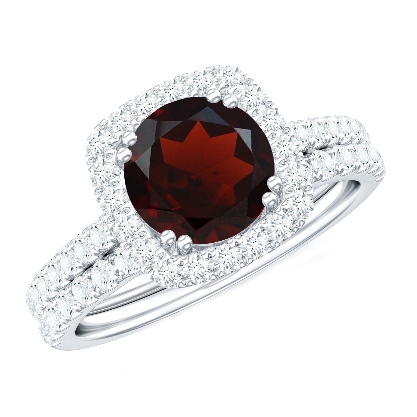 Natural Garnet Diamond Engagement Ring with Wedding Band