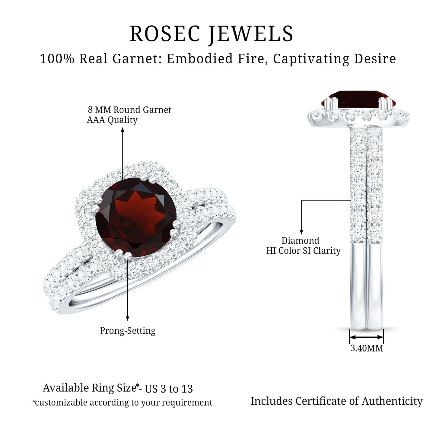 Natural Garnet Diamond Engagement Ring with Wedding Band