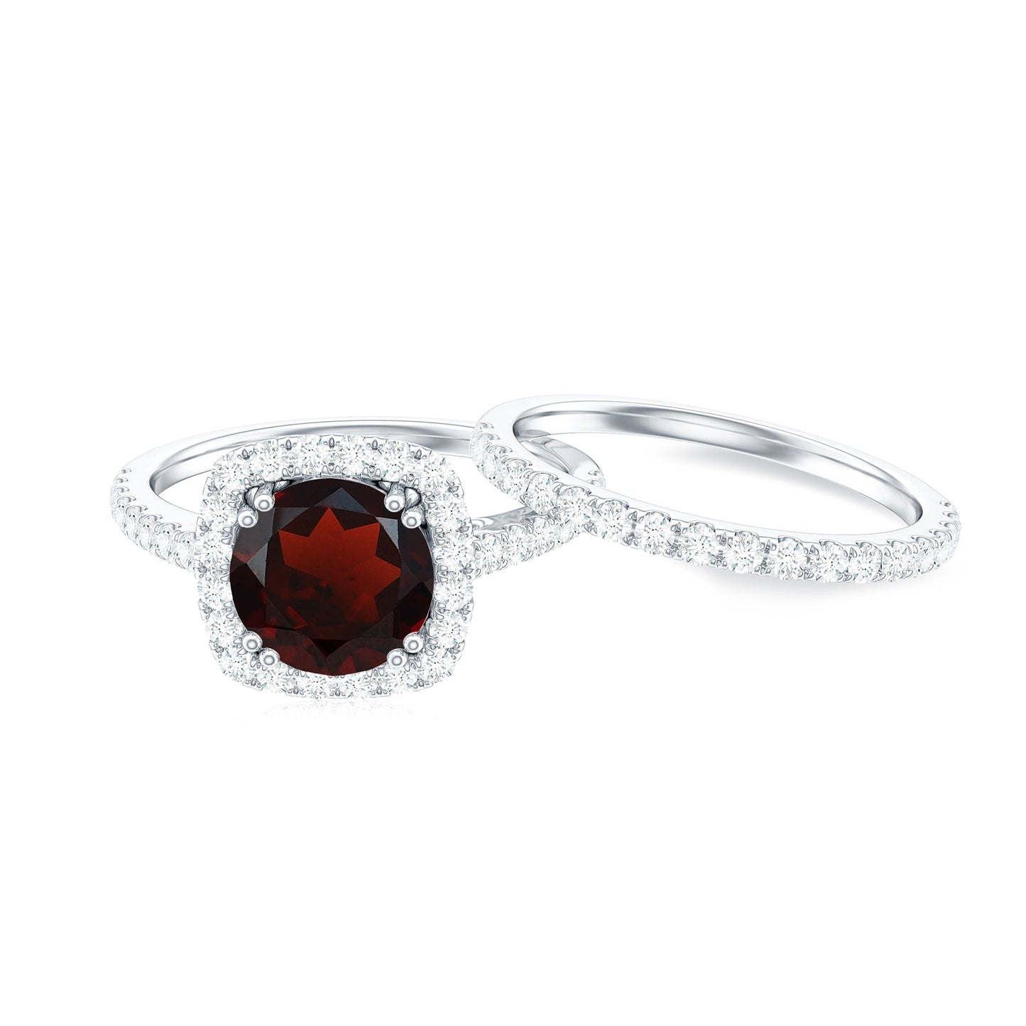 Natural Garnet Diamond Engagement Ring with Wedding Band