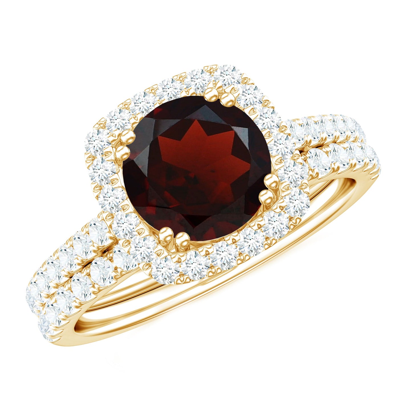 Natural Garnet Diamond Engagement Ring with Wedding Band