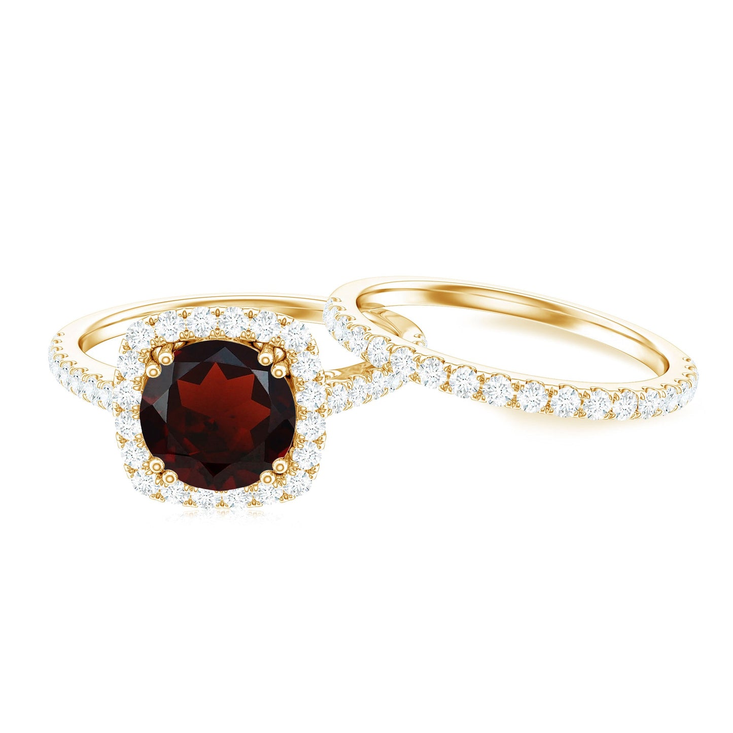 Natural Garnet Diamond Engagement Ring with Wedding Band