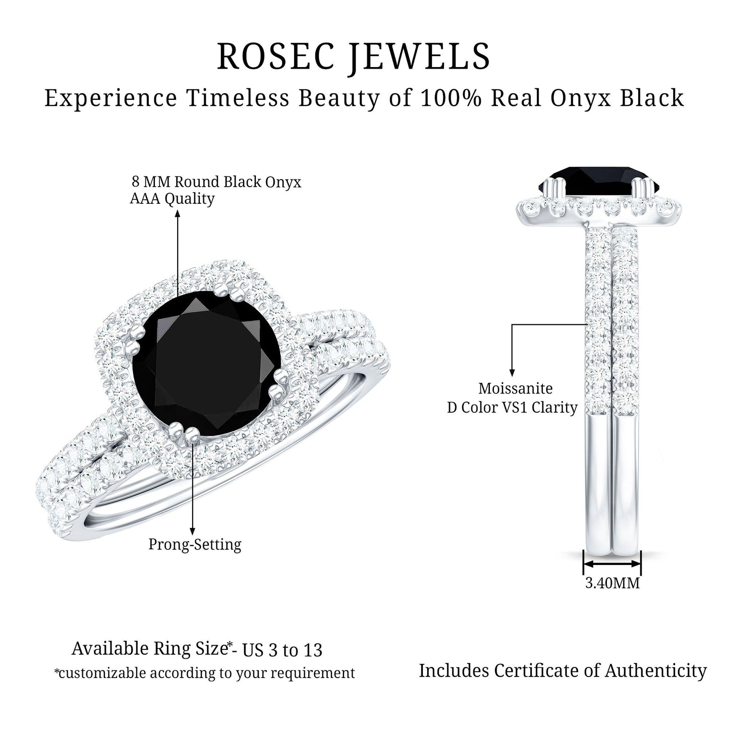 Round Cut Black Onyx Bridal Wedding Ring Set with Moissanite