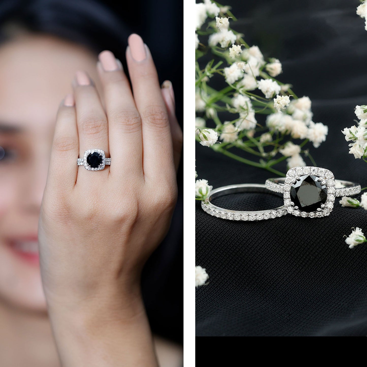 Round Cut Black Onyx Bridal Wedding Ring Set with Moissanite