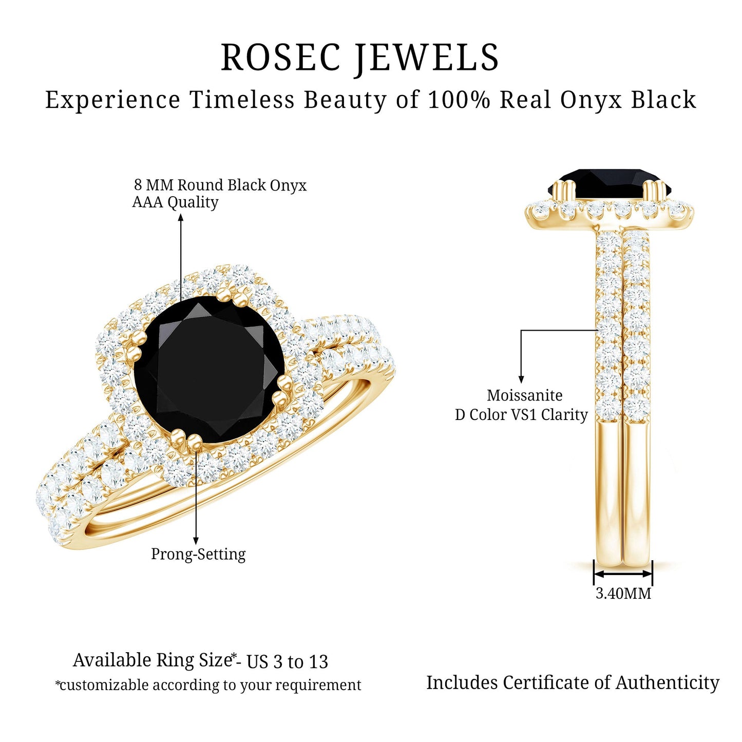 Round Cut Black Onyx Bridal Wedding Ring Set with Moissanite