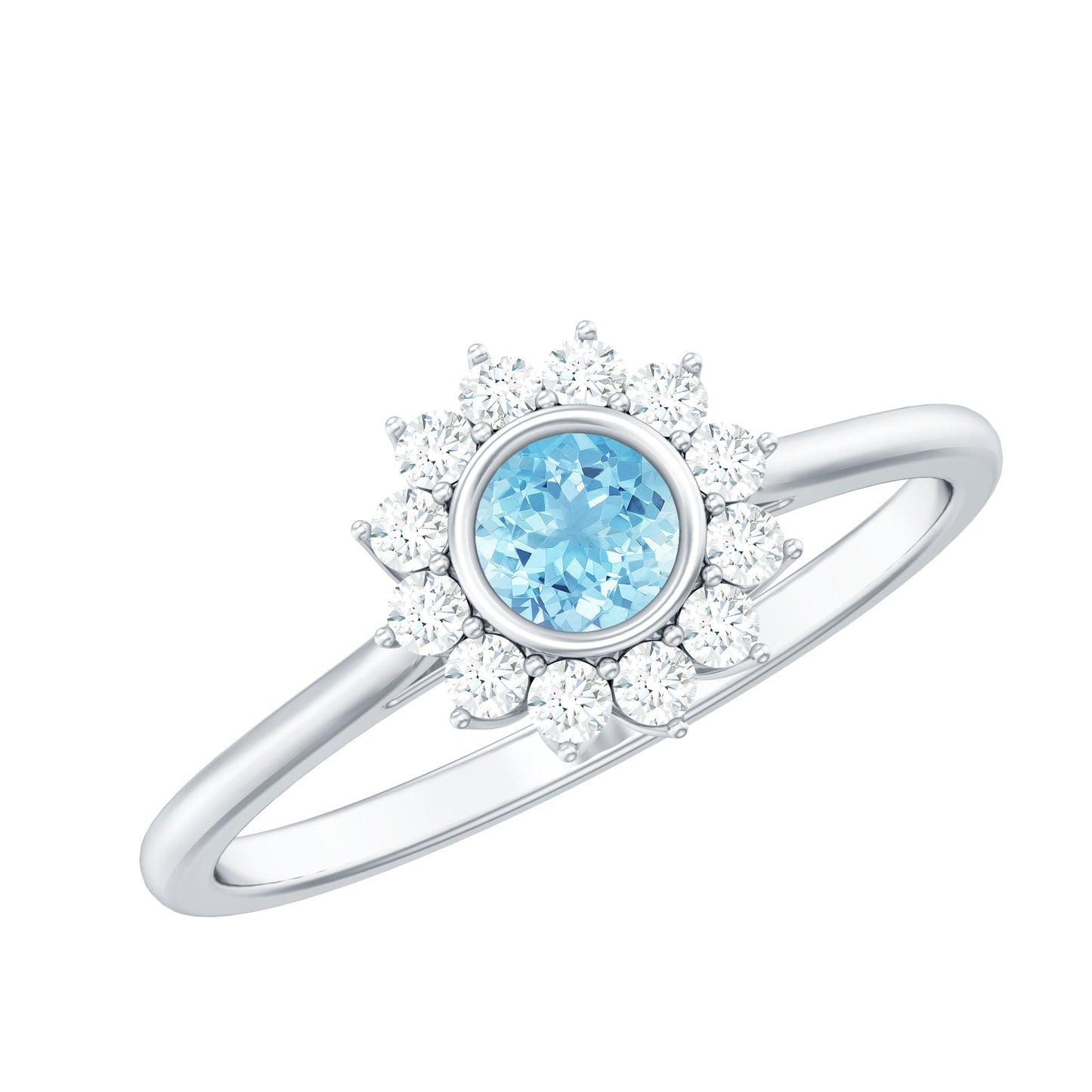 Real Round Aquamarine and Diamond Halo Promise Ring