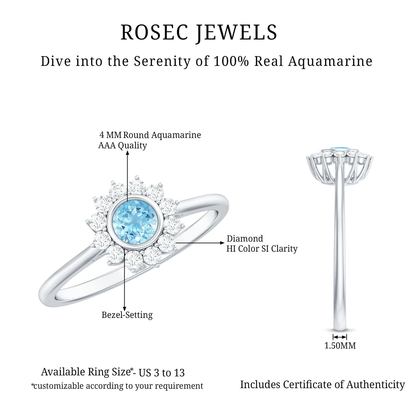 Real Round Aquamarine and Diamond Halo Promise Ring