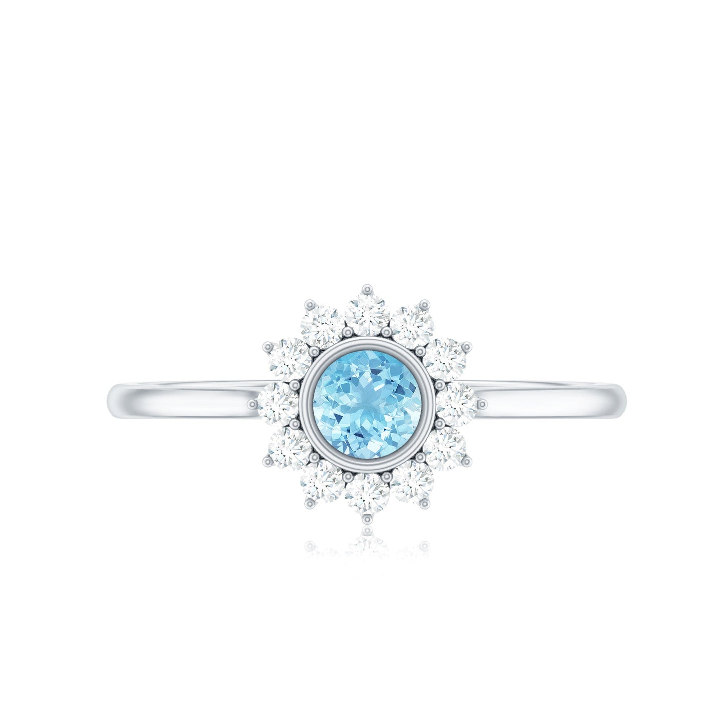 Real Round Aquamarine and Diamond Halo Promise Ring