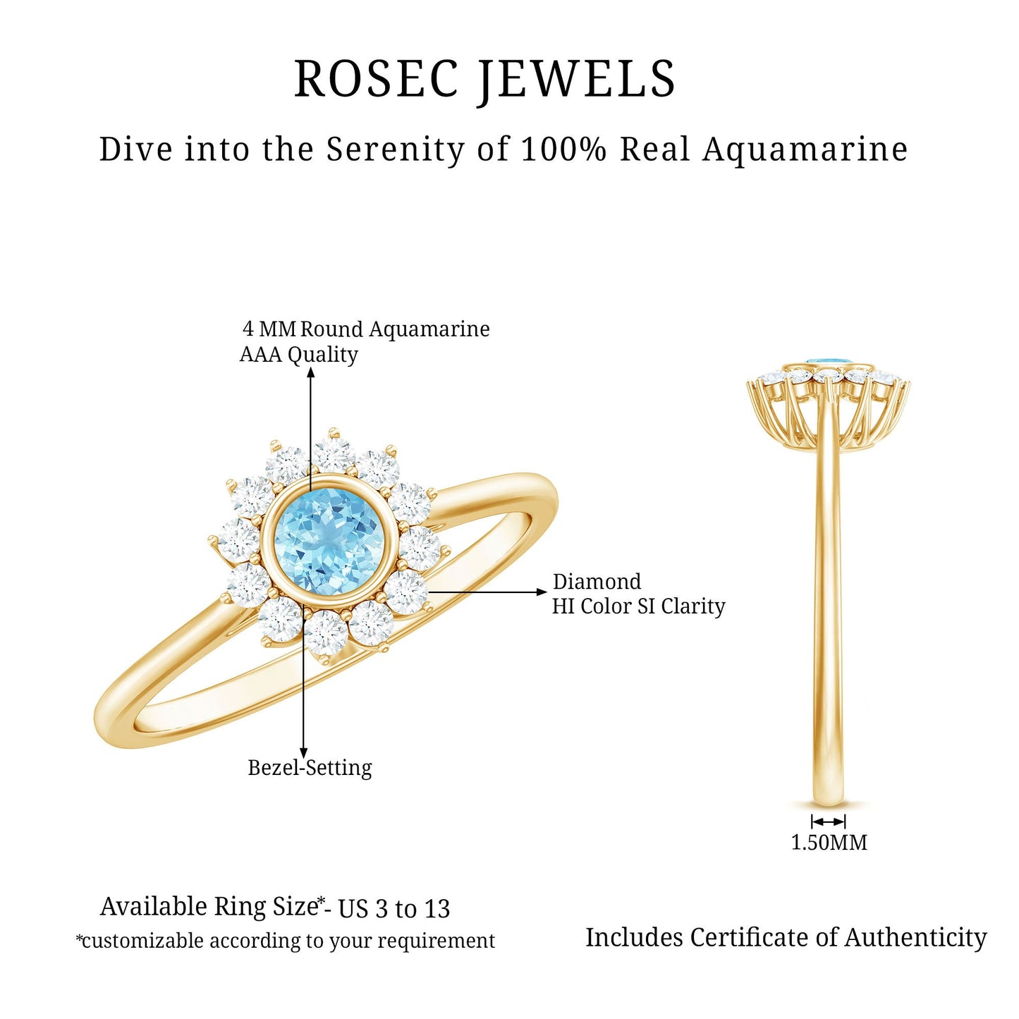 Real Round Aquamarine and Diamond Halo Promise Ring