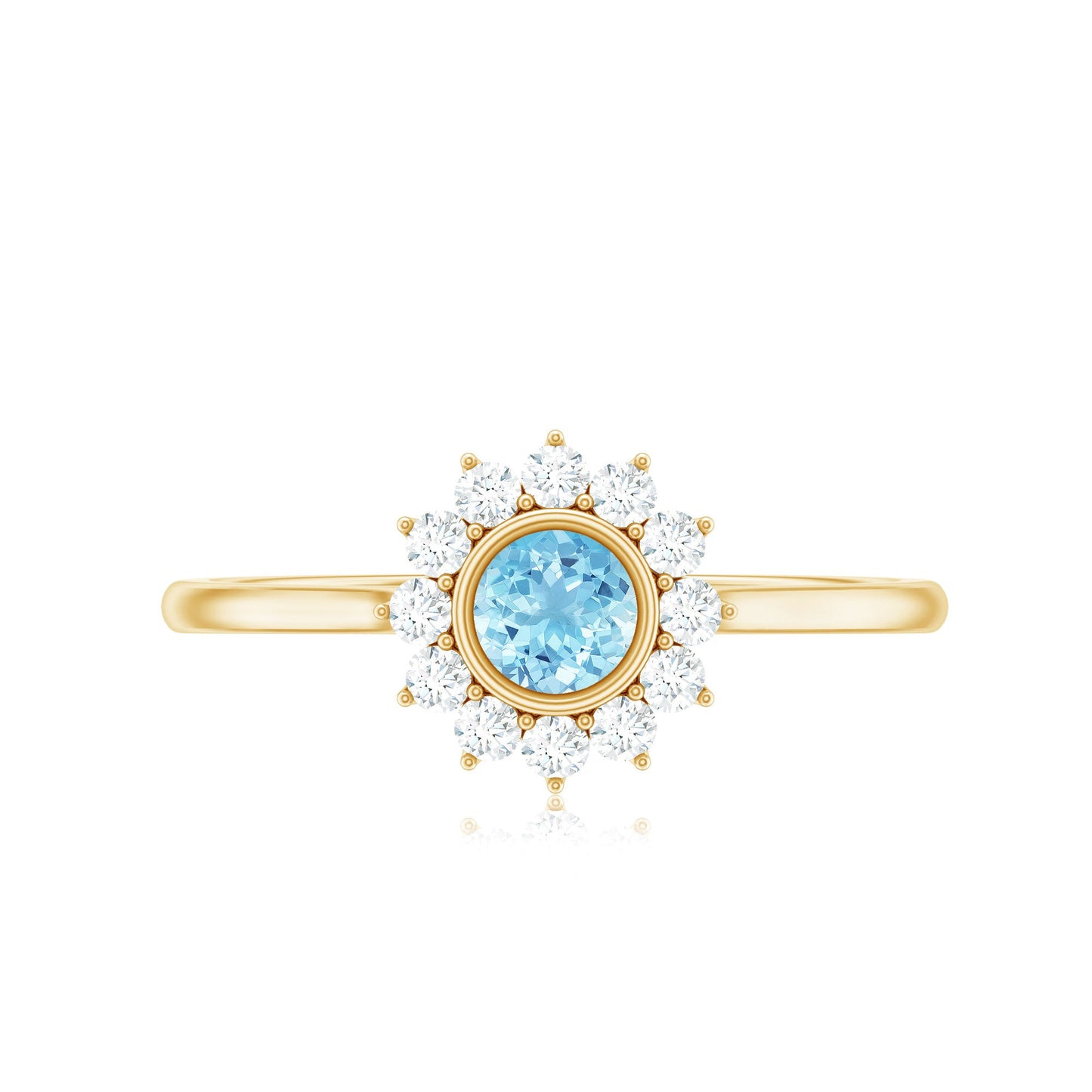 Real Round Aquamarine and Diamond Halo Promise Ring