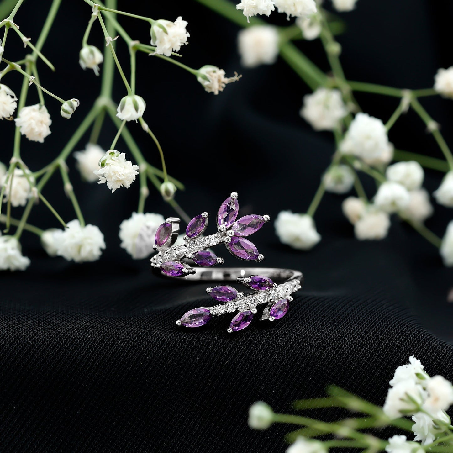 Nature Inspired Amethyst Diamond Cocktail Ring