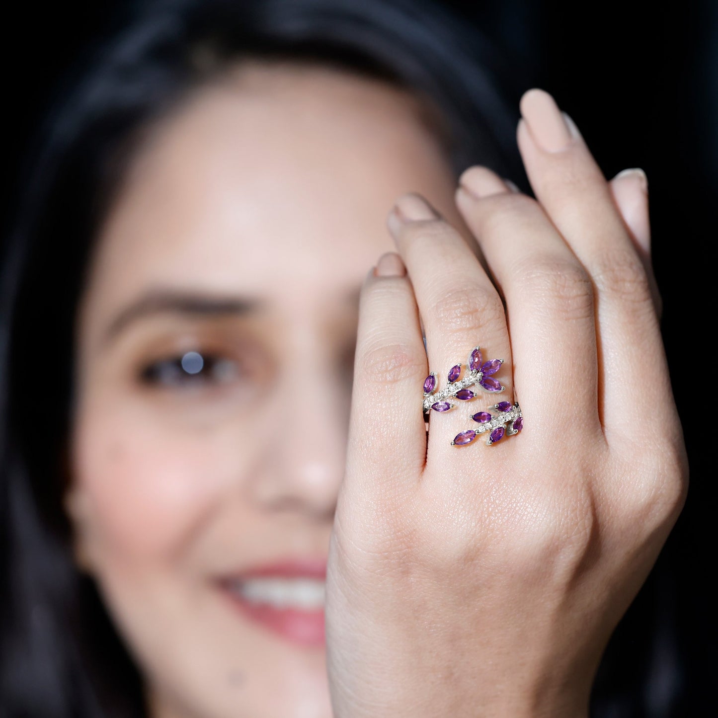 Nature Inspired Amethyst Diamond Cocktail Ring