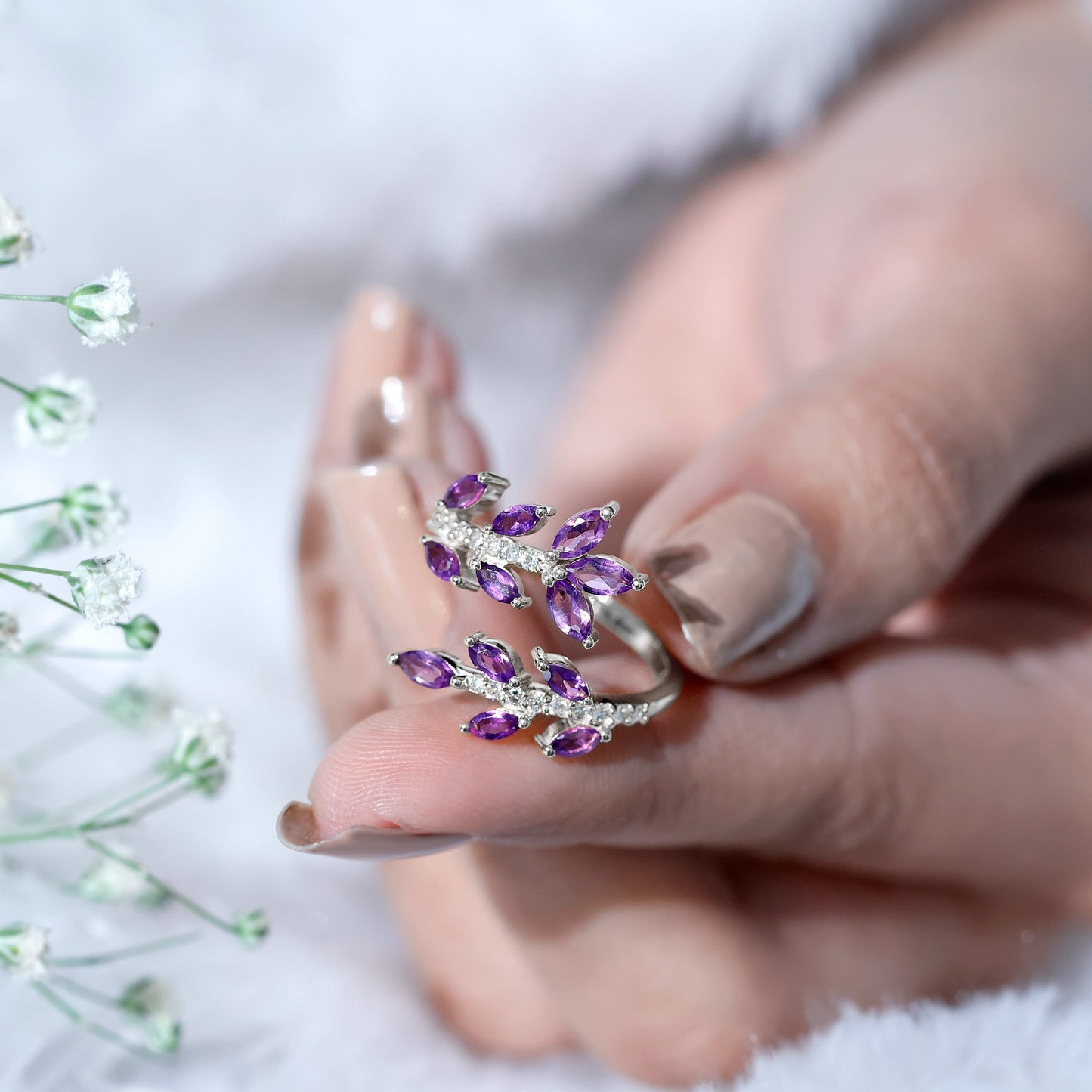 Nature Inspired Amethyst Diamond Cocktail Ring