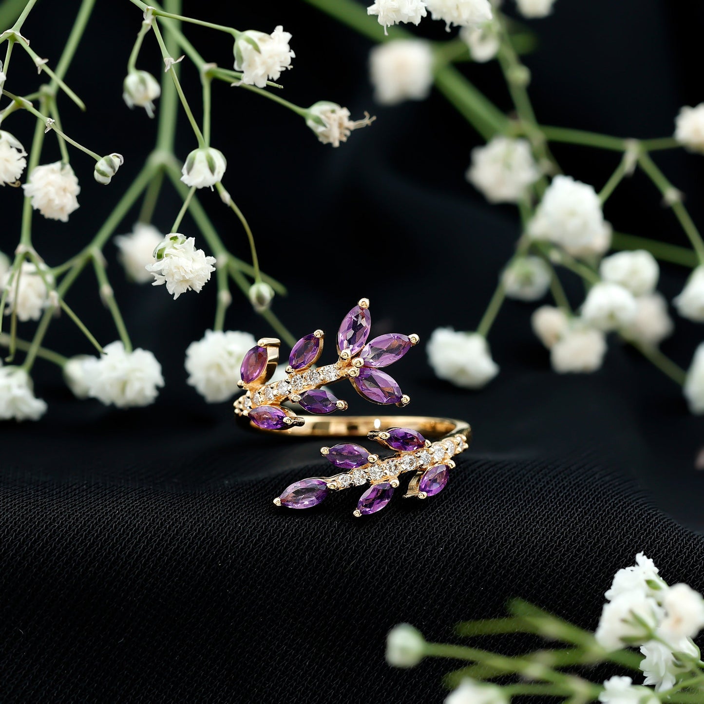 Nature Inspired Amethyst Diamond Cocktail Ring