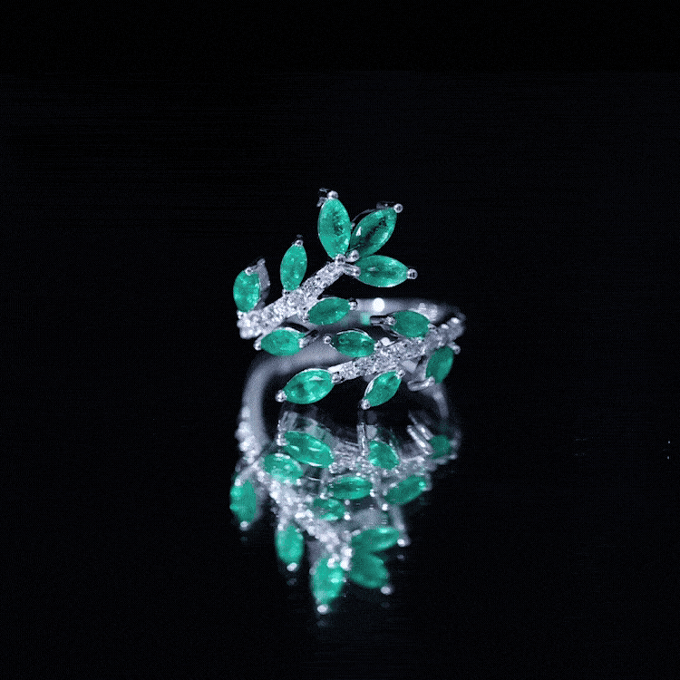 Natural Emerald and Diamond Leaf Wrap Ring