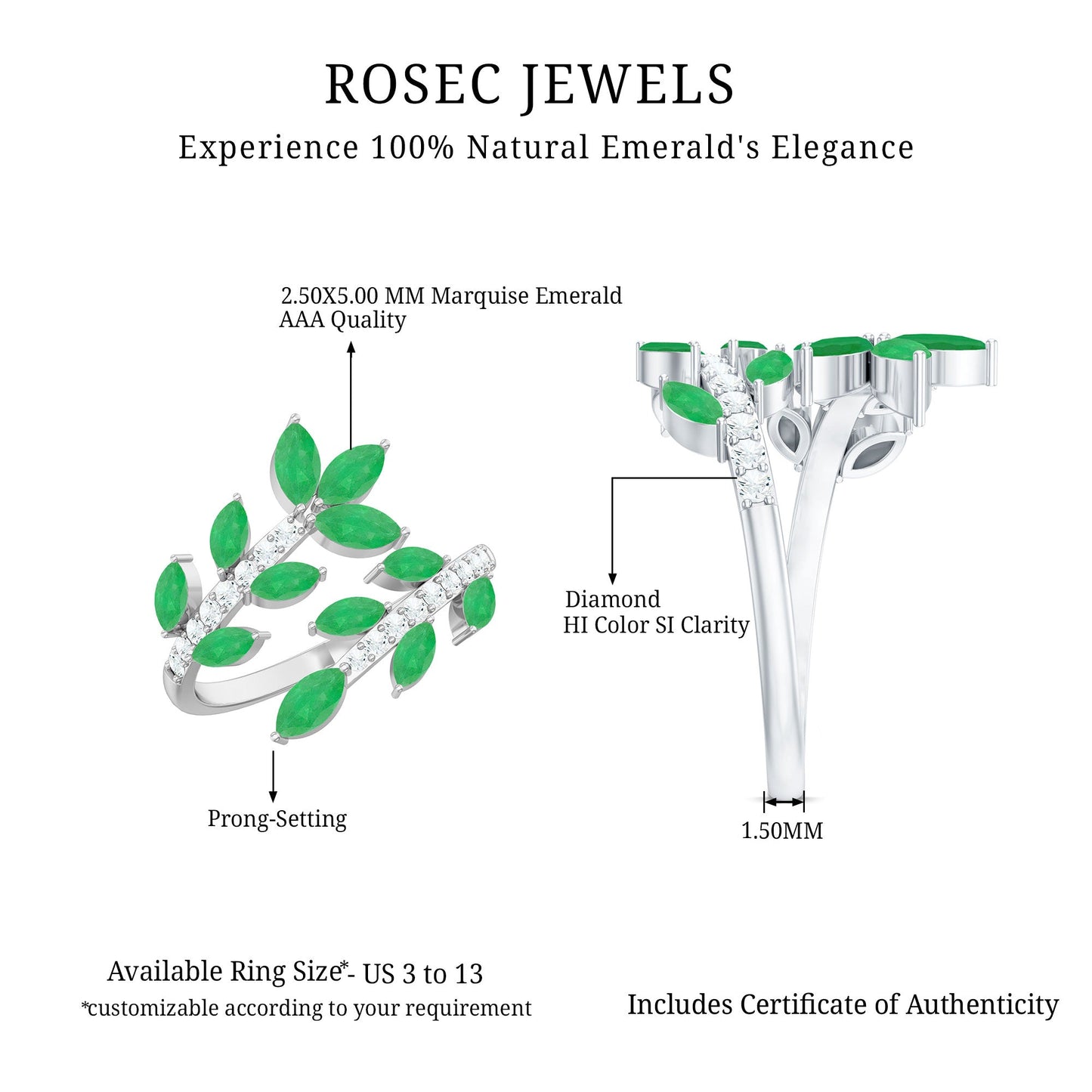 Natural Emerald and Diamond Leaf Wrap Ring