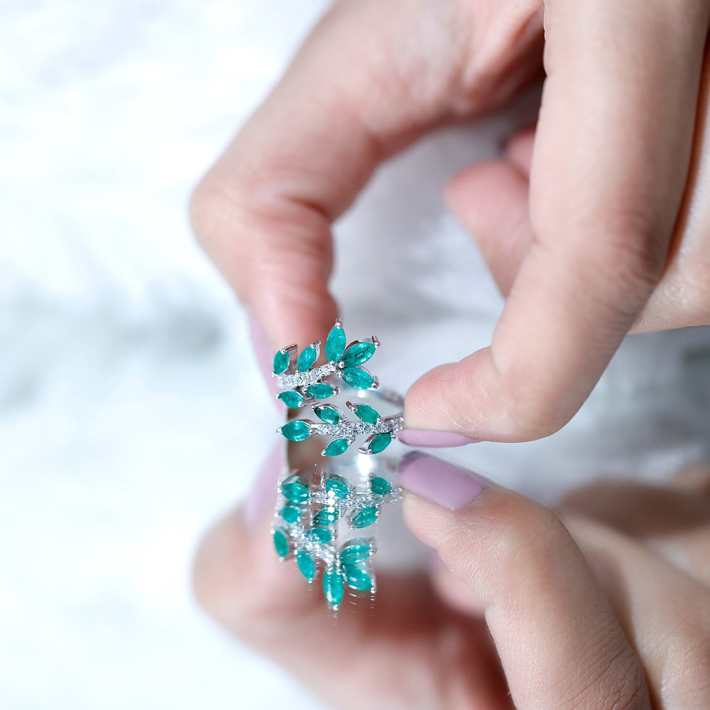 Natural Emerald and Diamond Leaf Wrap Ring
