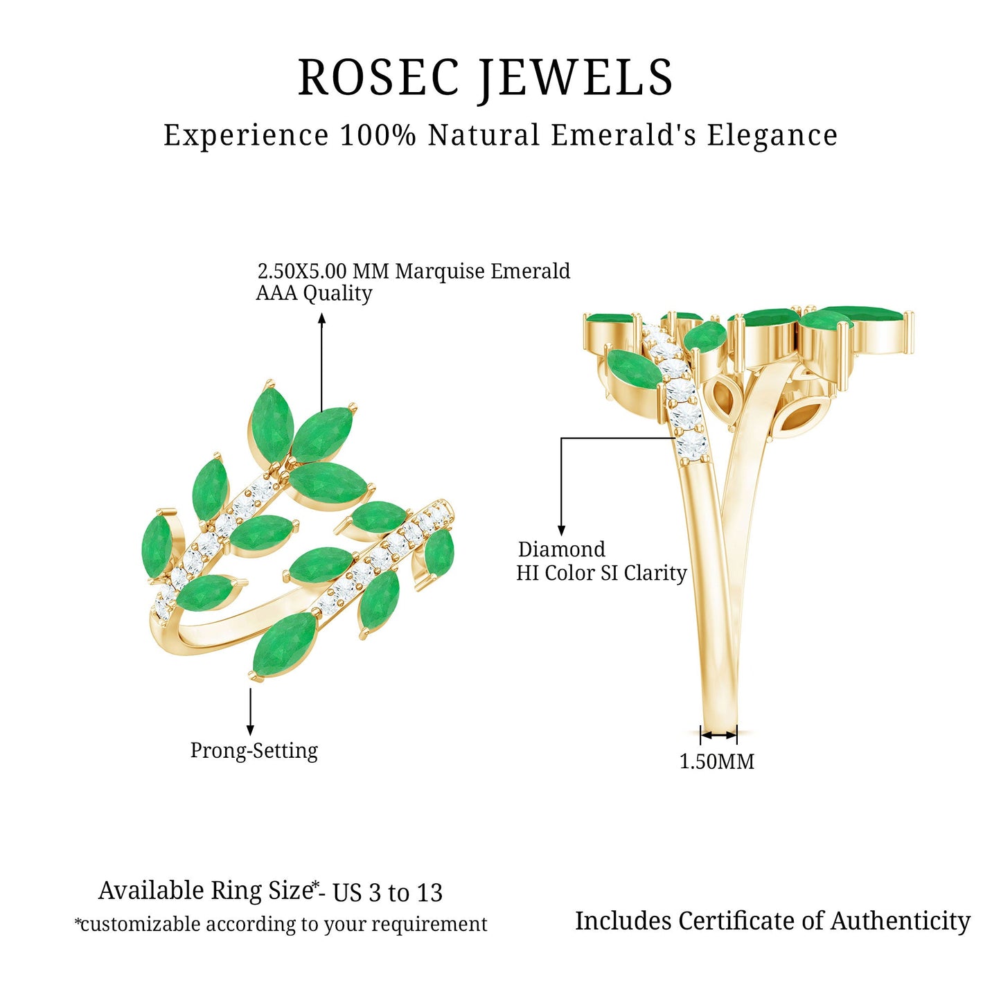 Natural Emerald and Diamond Leaf Wrap Ring