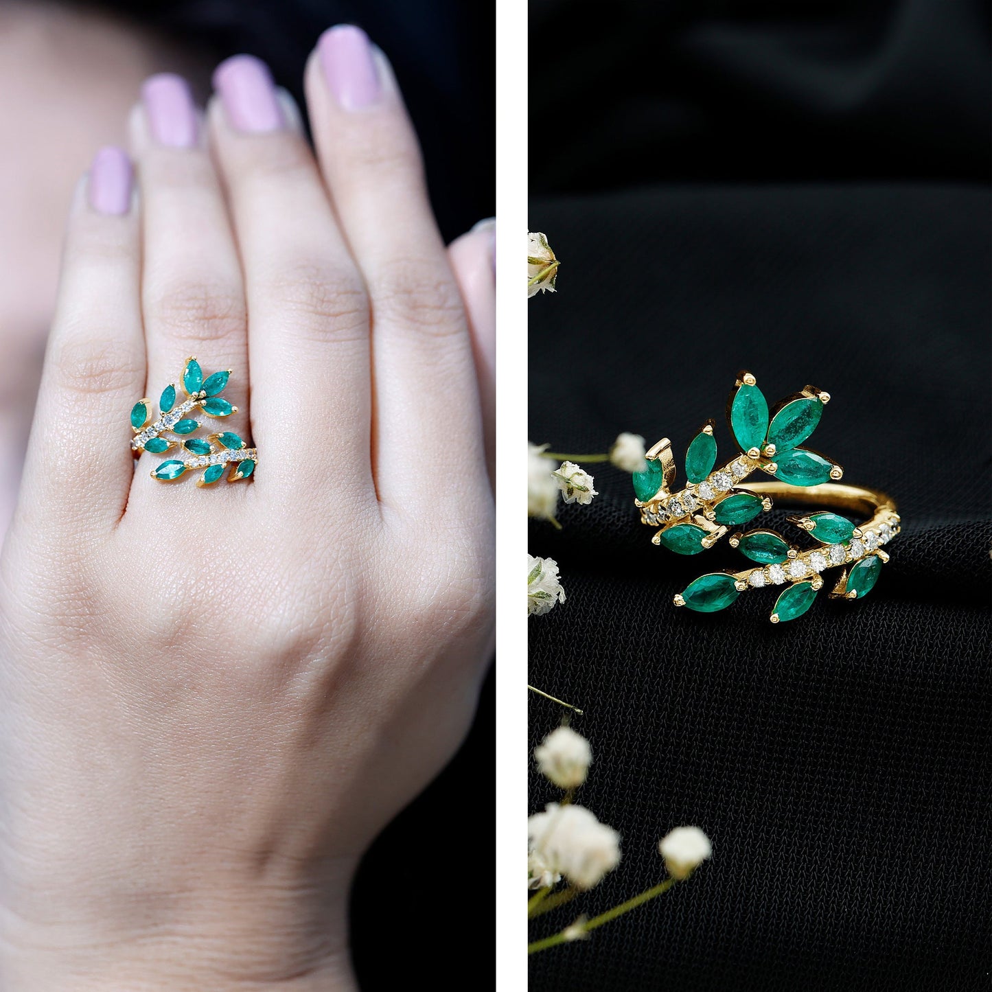 Natural Emerald and Diamond Leaf Wrap Ring