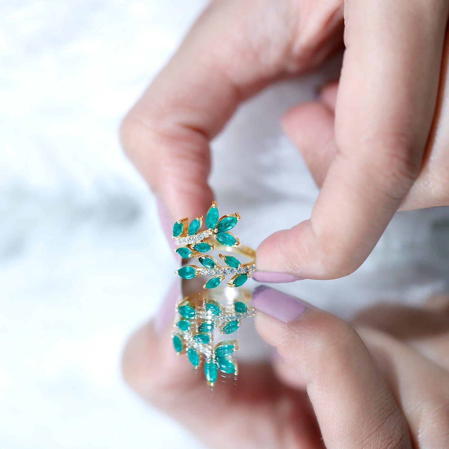 Natural Emerald and Diamond Leaf Wrap Ring