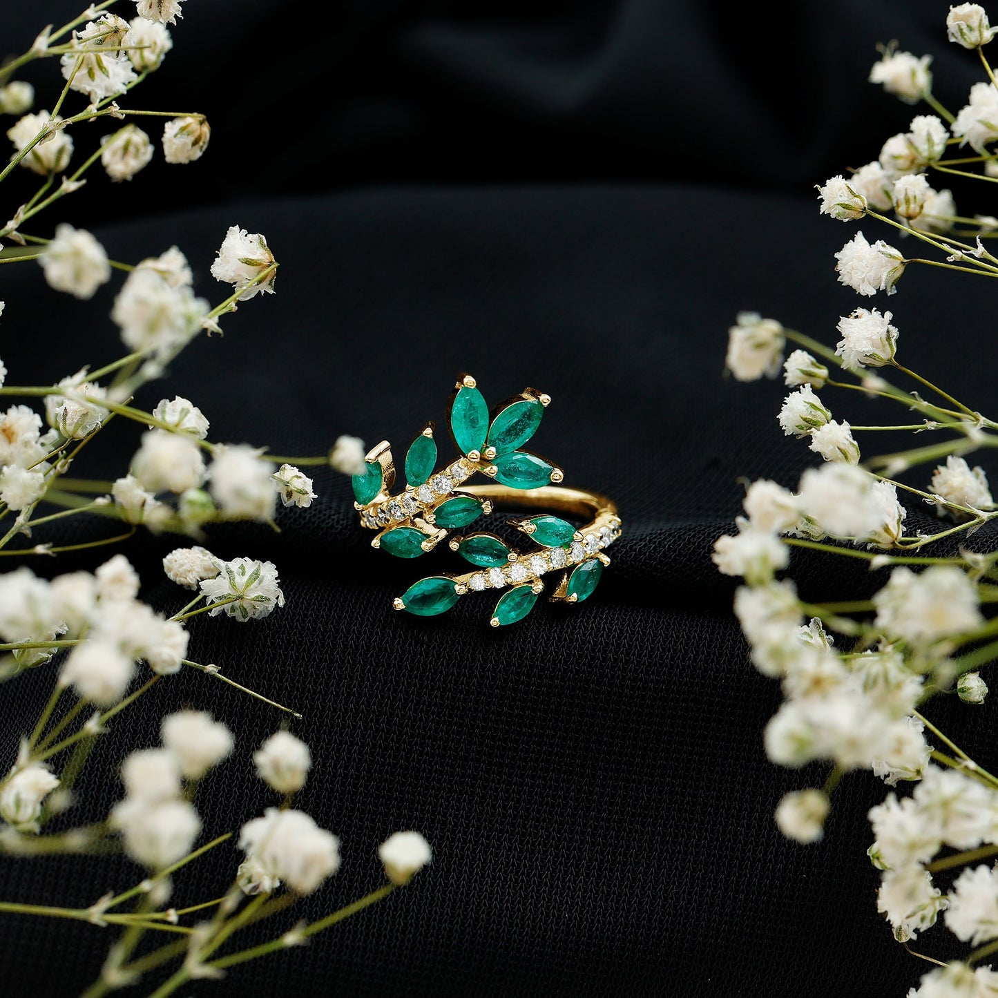 Natural Emerald and Diamond Leaf Wrap Ring