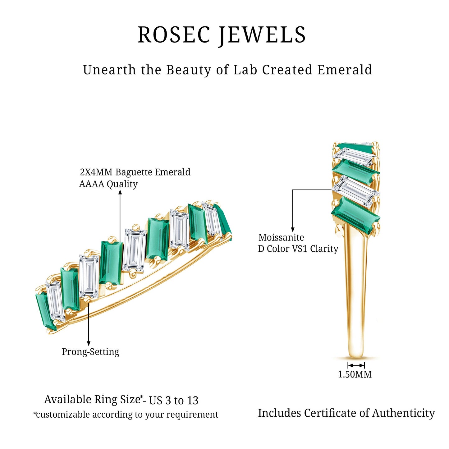 Certified Baguette Lab Grown Emerald Wedding Anniversary Band Ring