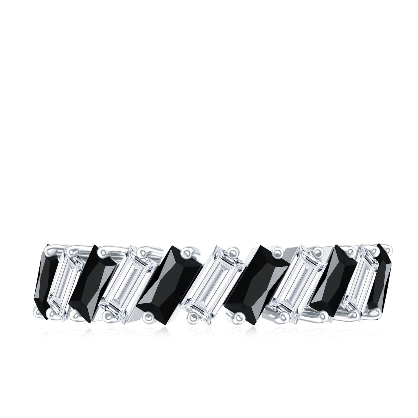 Baguette Cut Black Onyx and Moissanite Tilted Half Eternity Ring