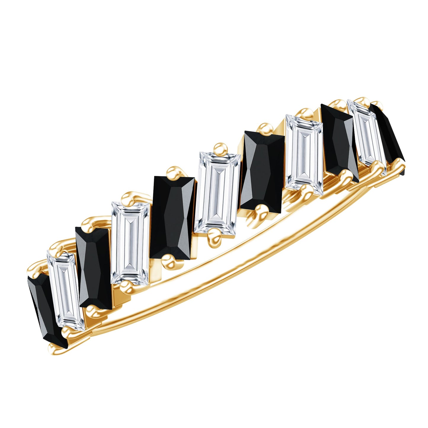Baguette Cut Black Onyx and Moissanite Tilted Half Eternity Ring