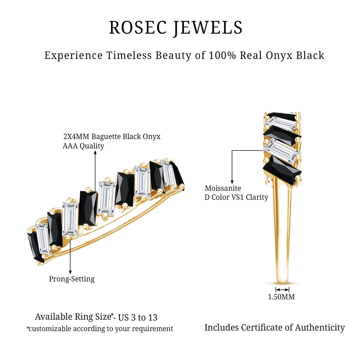 Baguette Cut Black Onyx and Moissanite Tilted Half Eternity Ring