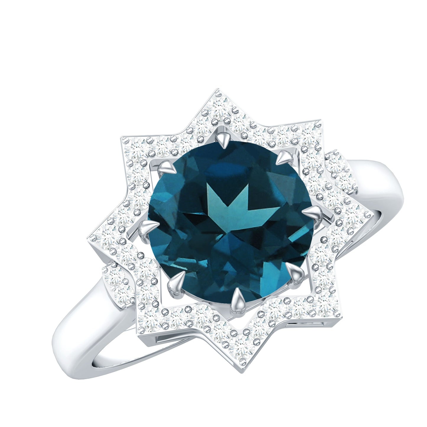Round Cut London Blue Topaz Cocktail Halo Ring with Diamonds