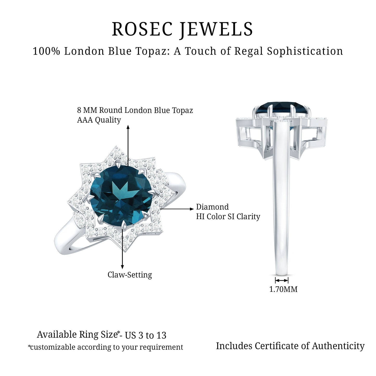 Round Cut London Blue Topaz Cocktail Halo Ring with Diamonds