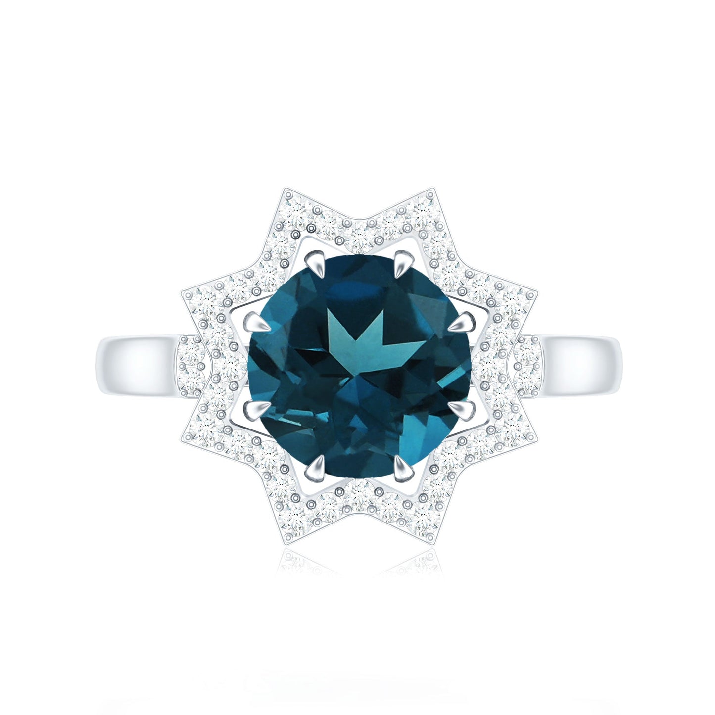 Round Cut London Blue Topaz Cocktail Halo Ring with Diamonds