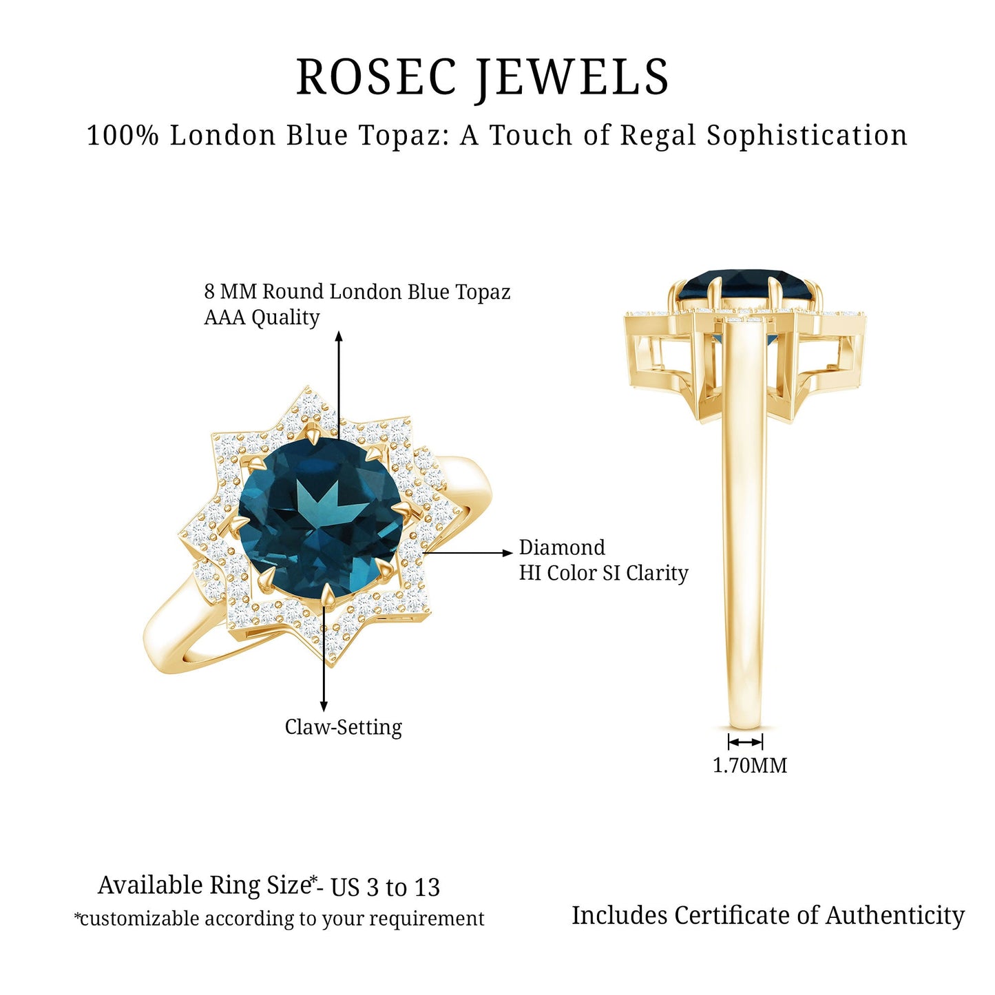 Round Cut London Blue Topaz Cocktail Halo Ring with Diamonds