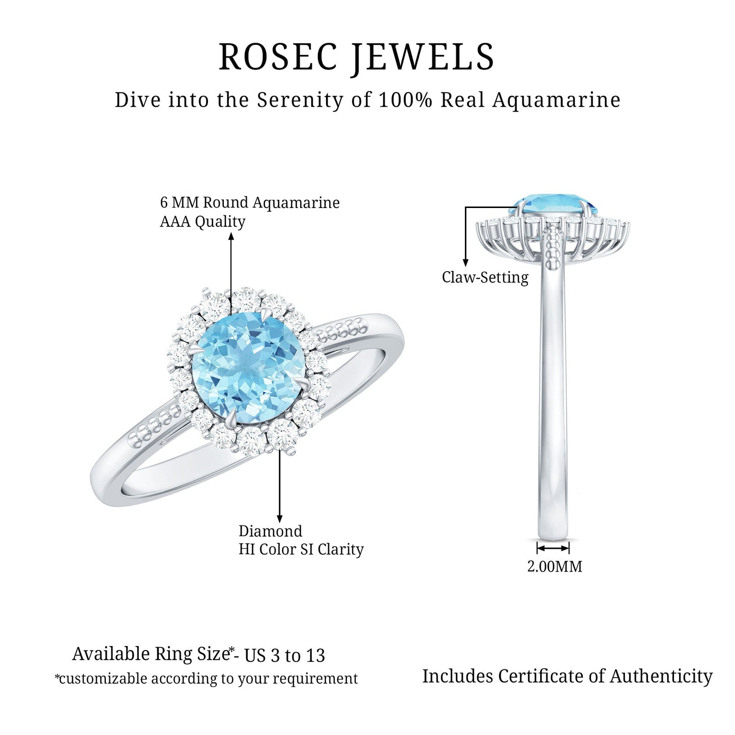 Natural 0.8 Carat Aquamarine Halo Engagement Ring with Diamond